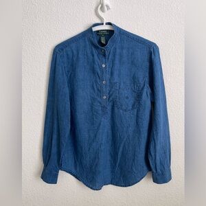 LAUREN RALPH LAUREN Blue Linen Half Button Popover Mandarin Band Collar Shirt S